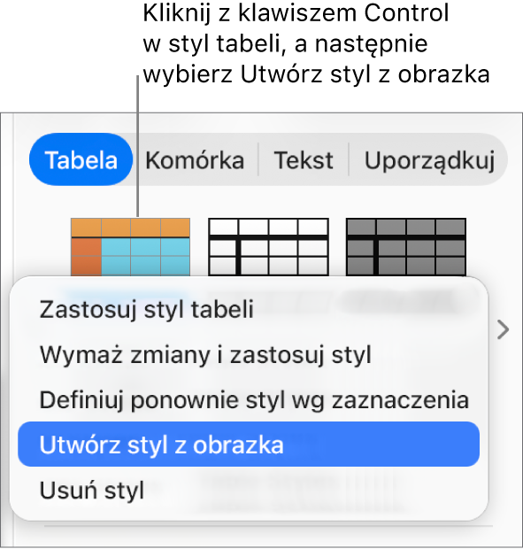 Menu podręczne stylu tabeli.
