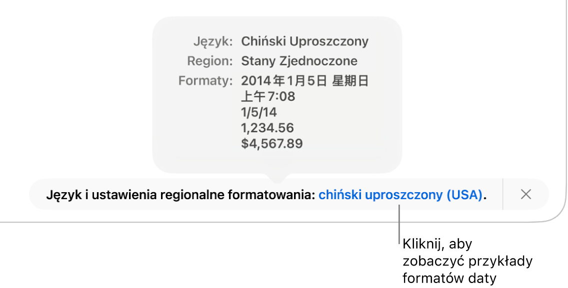 Powiadomienie o różnicy ustawień dotyczących języka i regionu, pokazujące przykłady formatowania używanego w wybranym języku i regionie.