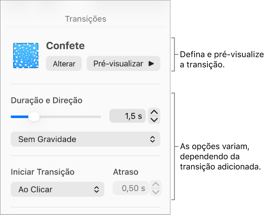 Controles de transição na seção Transições da barra lateral.