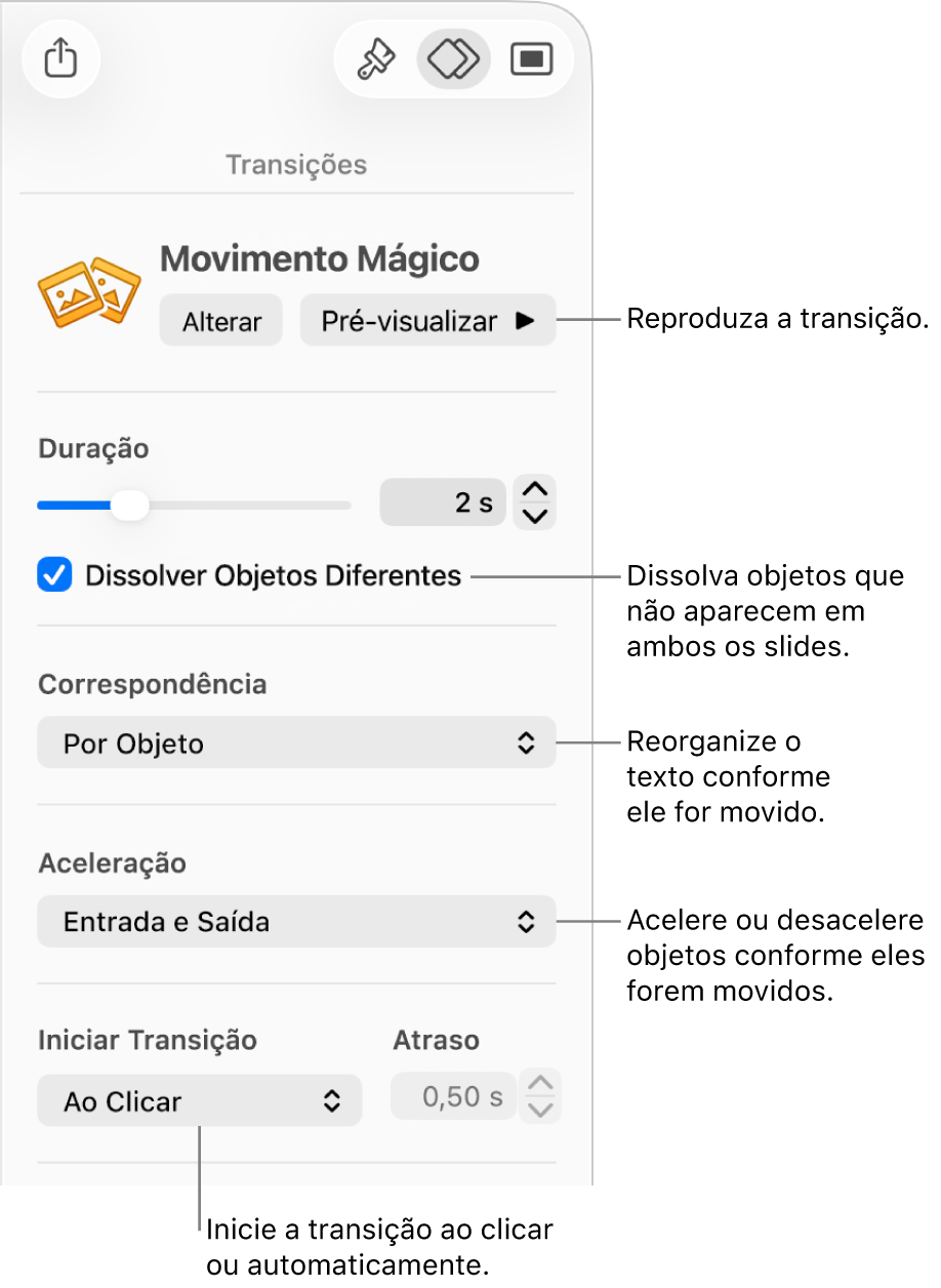 Controles de transição de Movimento Mágico na seção Transições da barra lateral Animar.