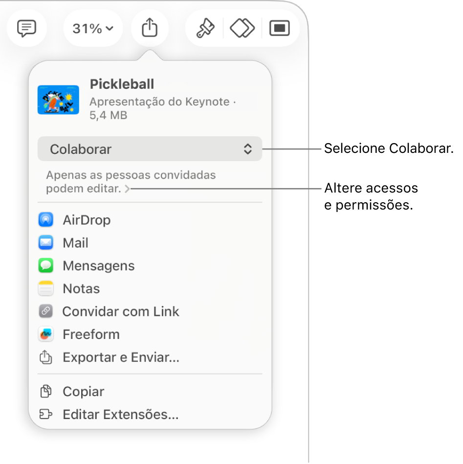 Menu Compartilhar com Colaborar selecionado na parte superior e os ajustes de acesso e permissão abaixo.