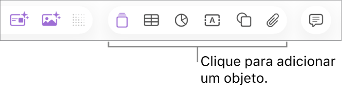 A barra de ferramentas do Keynote mostrando os botões usados para adicionar um objeto a um slide.