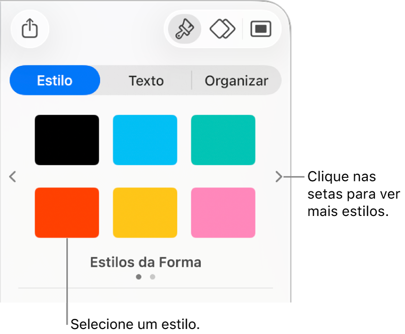 Aba Estilo da barra lateral Formatar, com seis estilos de objeto e setas de navegação à esquerda e à direita.