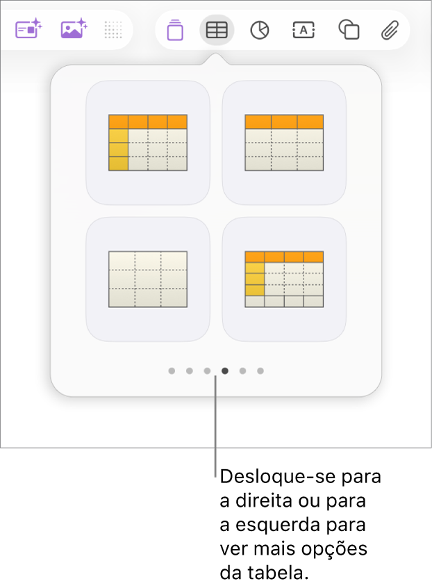 O painel “Adicionar tabela” com setas de navegação à esquerda e à direita.