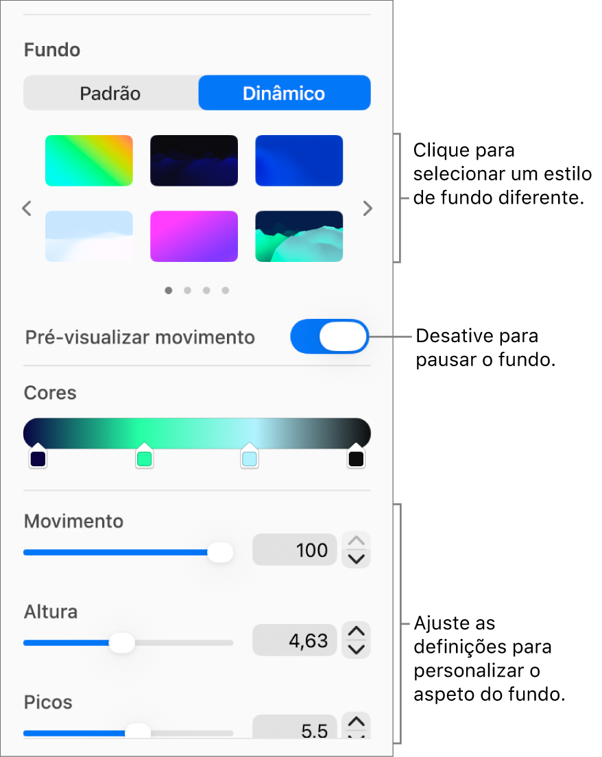 O botão “Dinâmico” selecionado na secção “Fundo” da barra lateral “Formatação” com os estilos de fundo dinâmico, o controlo de “Pré‑visualizar movimento” e os controlos de aspeto apresentados.