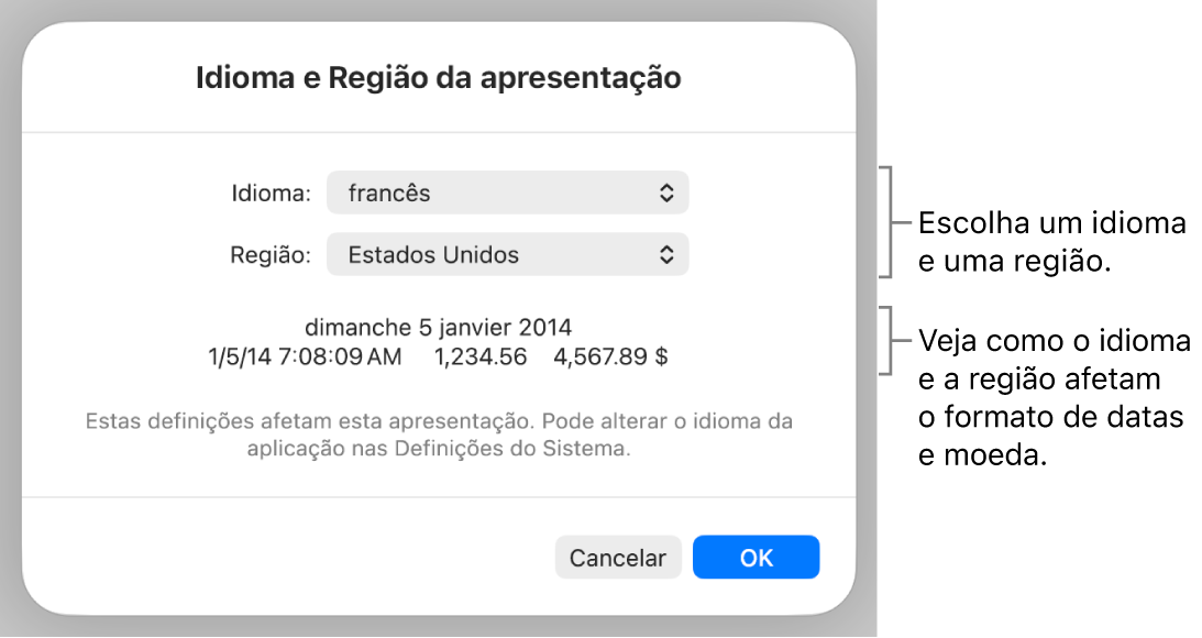 O painel “Idioma e região” com controlos de idioma e região e um exemplo da formatação, incluindo data, hora, decimal e moeda.