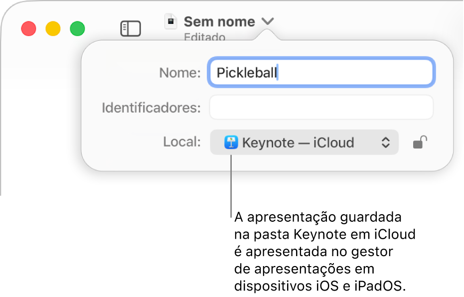 A caixa de diálogo Guardar de uma apresentação com “Keynote—iCloud” no menu pop-up “Onde”.