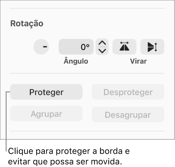 Os controlos de objeto “Rodar”, “Proteger” e “Grupo” com uma chamada para o botão “Proteger”.
