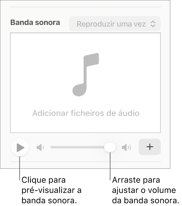 Os controlos de banda sonora com uma chamada para o botão “Reproduzir” e para o nivelador de volume.