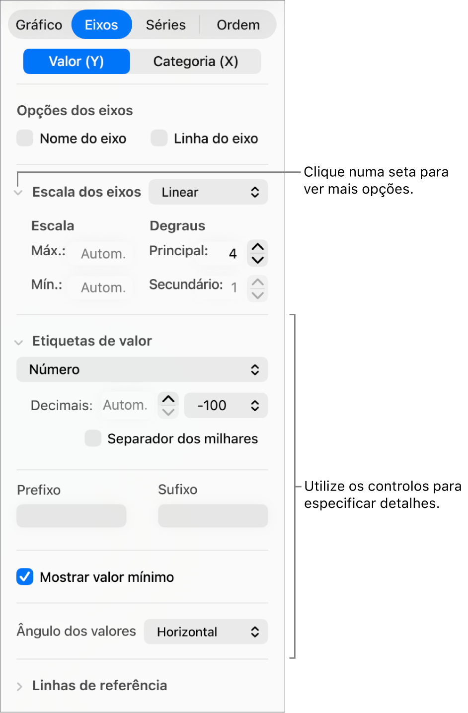 Controlo para formatar marcações do eixo do gráfico.