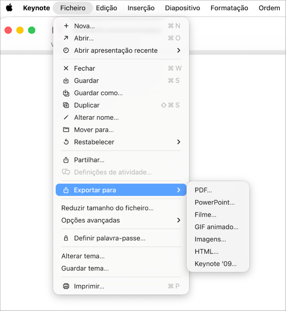 O menu "Ficheiro” aberto com a opção “Exportar para” selecionada e o respetivo submenu a mostrar opções de exportação para PDF, PowerPoint e Filme.