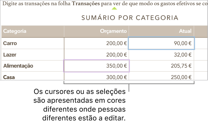Os cursores ou as seleções são apresentadas em cores diferentes quando pessoas diferentes estão a editar.