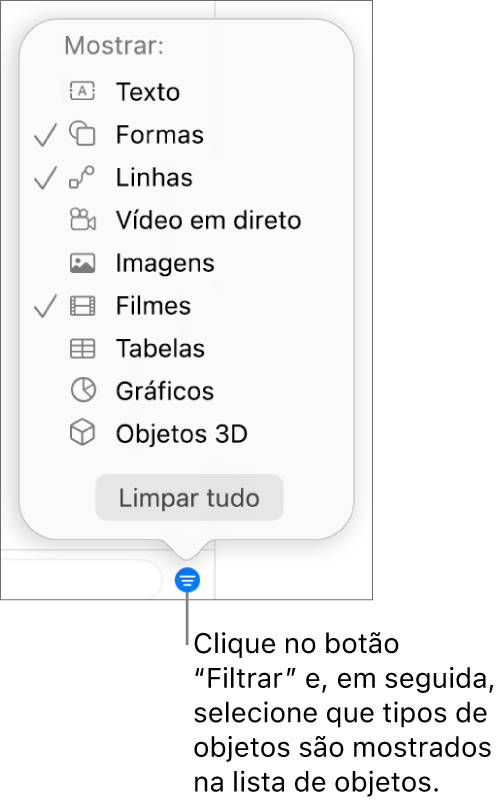 O menu pop-up “Filtro” aberto, com uma lista dos tipos de objetos que a lista pode incluir (texto, formas, linhas, imagens, filmes, tabelas e gráficos).