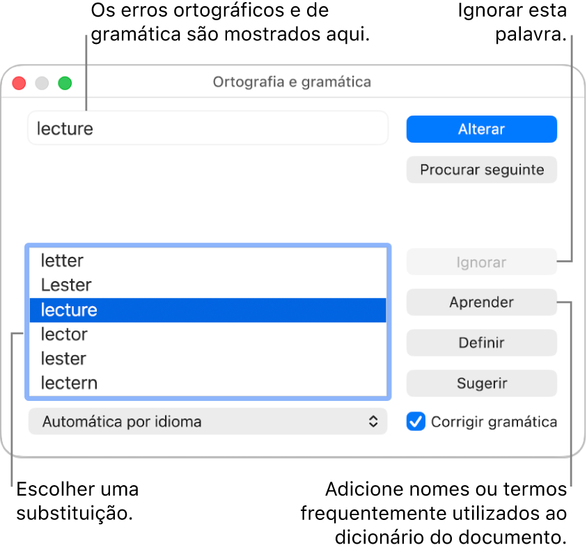A janela “Ortografia e gramática”.
