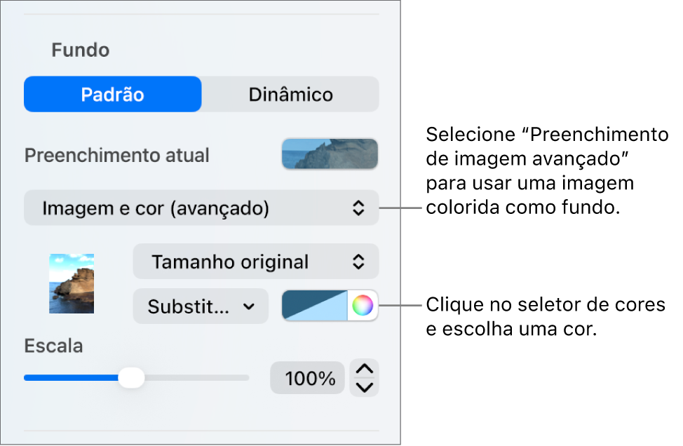 Os controlos de fundo, com uma Imagem e cor (avançado) com filtro de cor definida como o fundo do diapositivo.