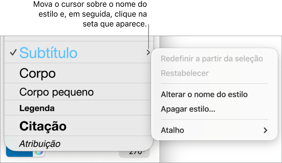 O menu “Estilos de parágrafo” com o menu de atalhos aberto.