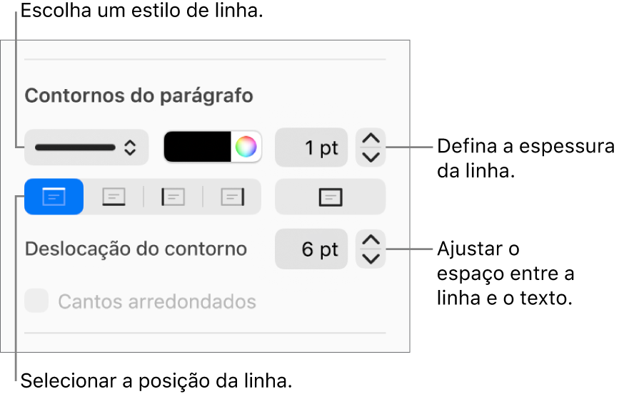 Controlos para alterar o estilo de linha, a espessura, a posição e a cor.