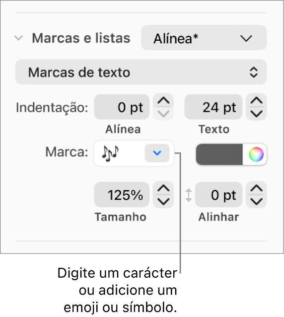 A secção “Marcas e listas” da barra lateral "Formatação”. O campo "Marca” a mostrar um emoji de uma flor.