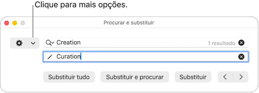 A janela “Procurar e substituir” com uma chamada para o menu pop-up que mostra mais opções.