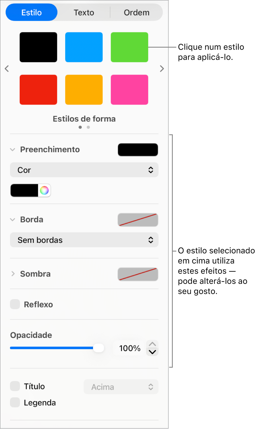 Estilos e opções das formas na secção “Formatação” da barra lateral.
