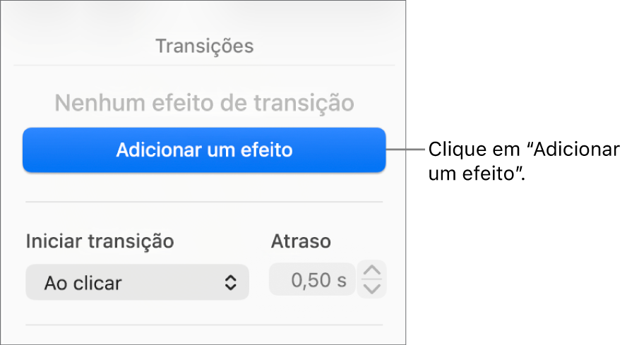 Botão “Adicionar um efeito” na secção “Animação” da barra lateral.
