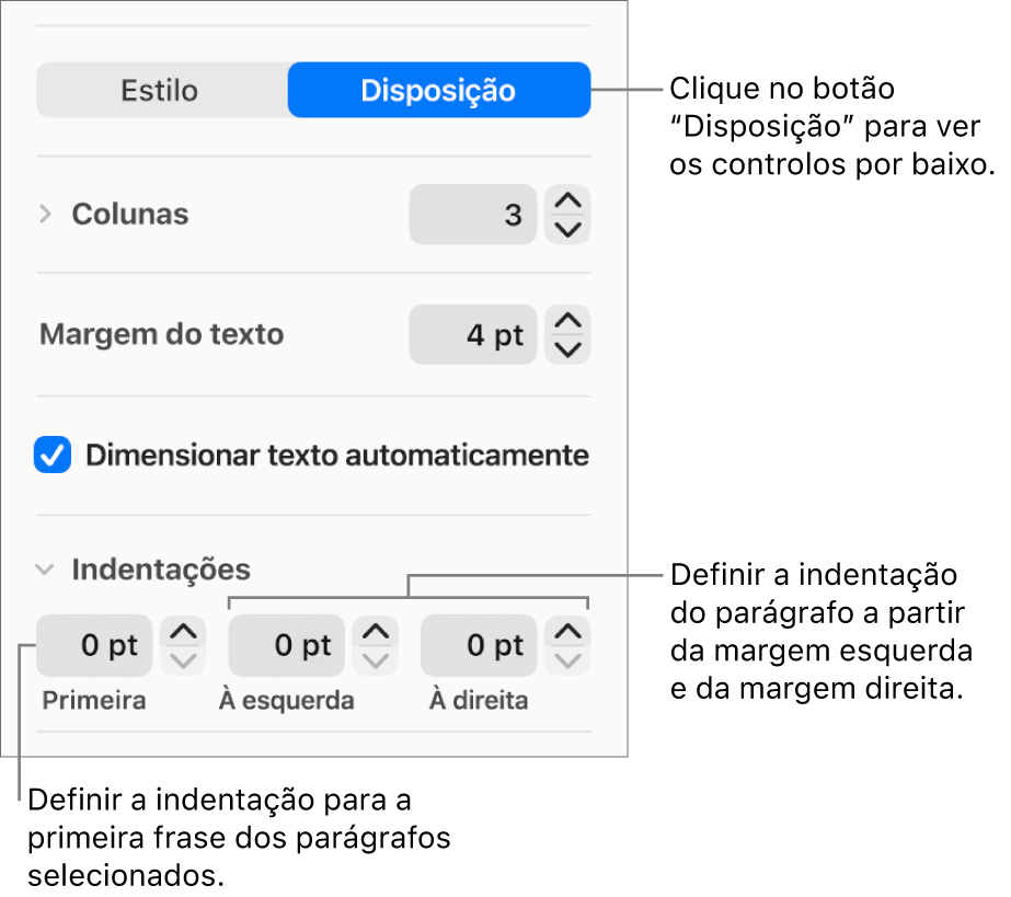 A secção "Disposição” da barra lateral “Formatação” a mostrar controlos para definir a indentação da primeira linha e as margens de parágrafo.