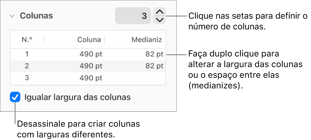 Os controlos na secção colunas para alterar o número de colunas e a largura de cada coluna.