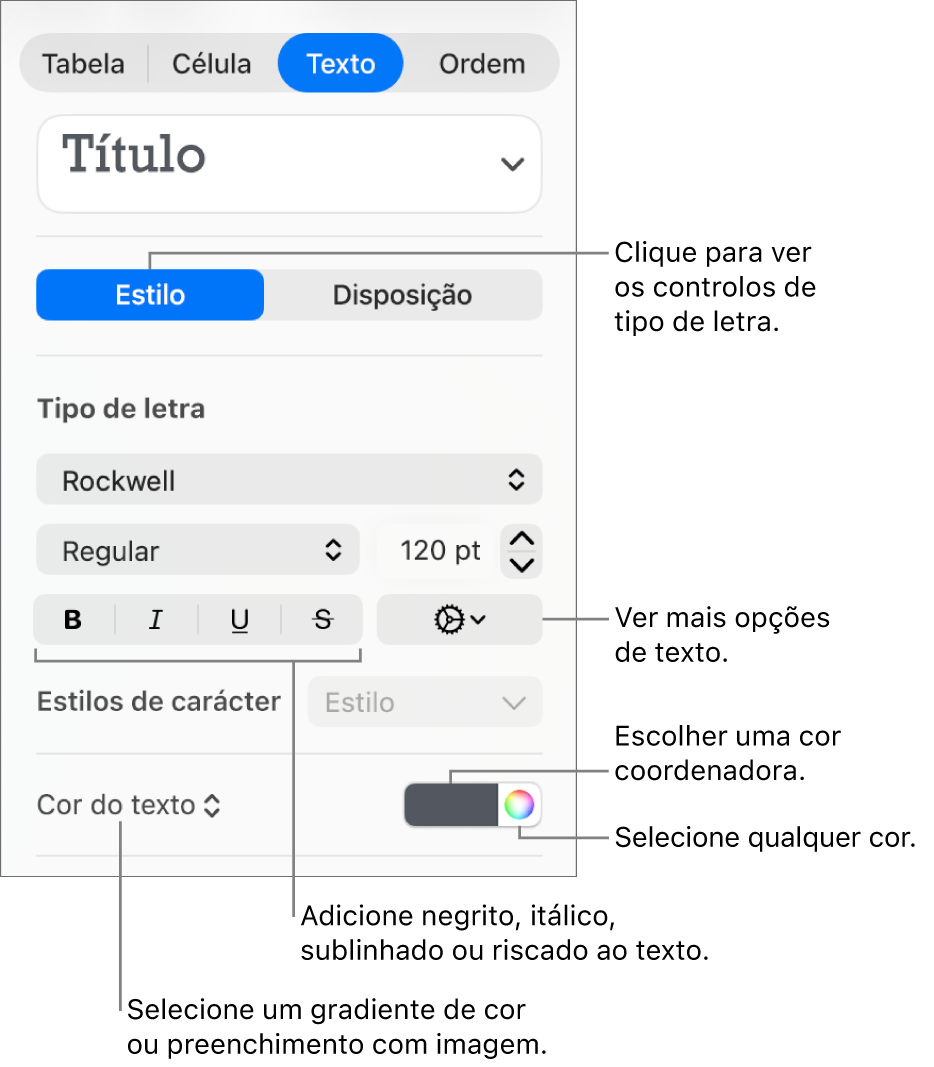 Os controlos para o estilo do texto de uma tabela.