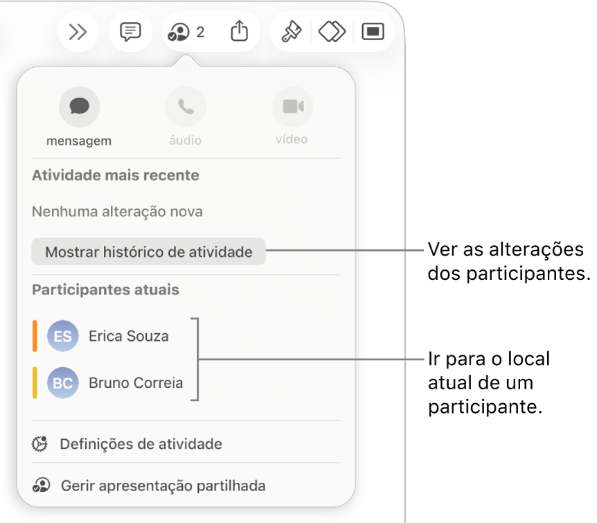 O menu de colaboração com dois participantes atuais listados.