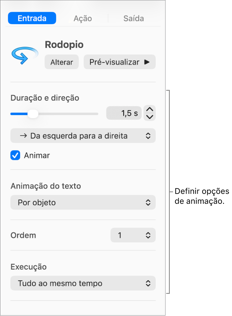 Opções de “Entrada” no separador “Animação” da barra lateral.
