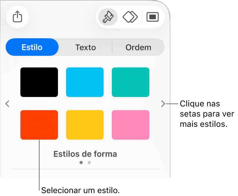O separador “Estilo” da barra lateral “Formatação” com seis estilos de objeto e setas de navegação à esquerda e à direita.