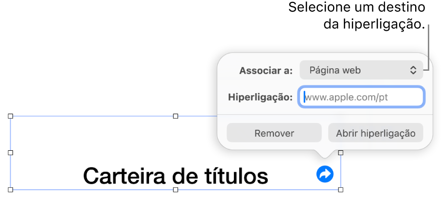 Os controlos do editor de hiperligações com a página web selecionada e os botões “Remover hiperligação” e “Abrir hiperligação” na parte inferior.