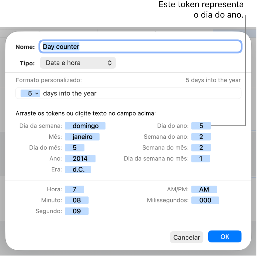 A janela de formato de célula personalizado com controlos para criar o formato de data e hora personalizado.