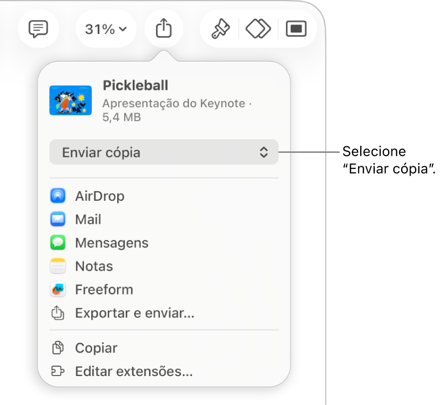 O menu “Partilhar” com “Enviar cópia” selecionada na parte superior.