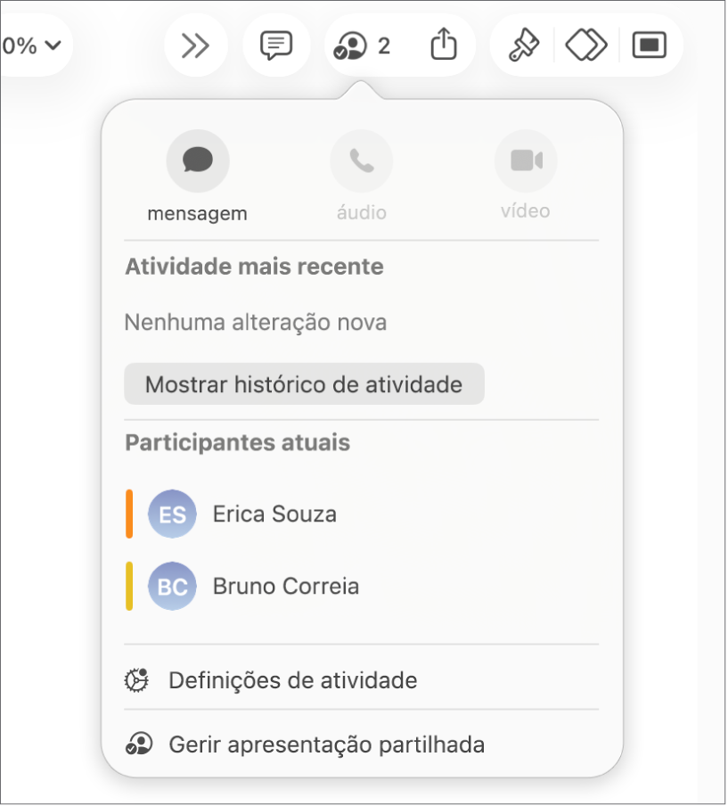 O menu de colaboração a apresentar os nomes das pessoas que estão a colaborar na apresentação.