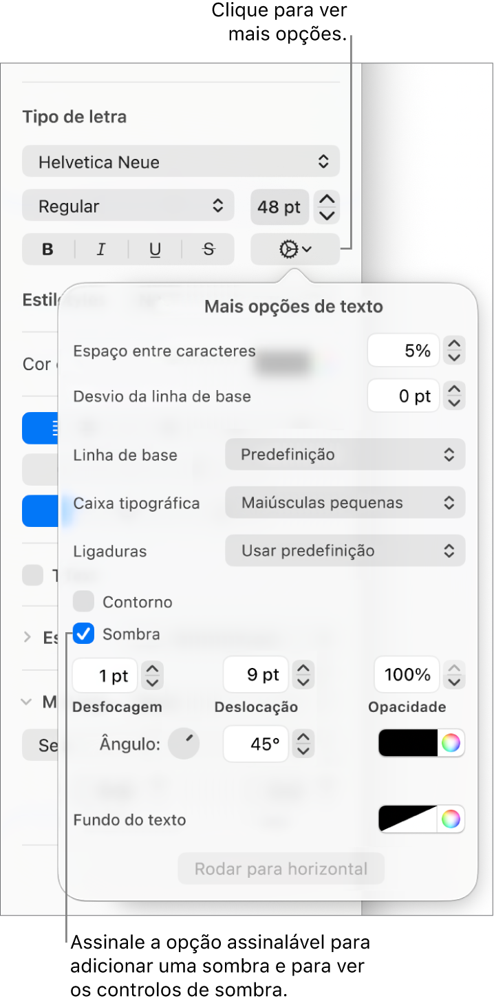 As “Opções avançadas” são abertas com a opção “Sombras” selecionada e os controlos para definir desfocagem, deslocação, opacidade, ângulo e cor.