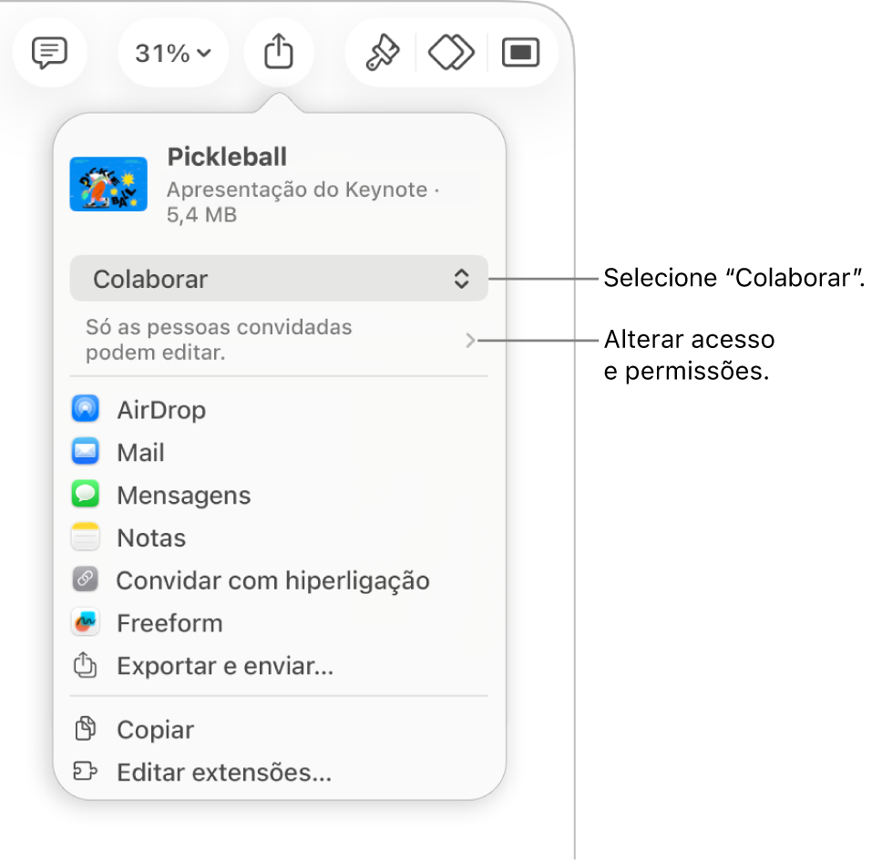 O menu "Partilha” com “Colaboração” selecionada na parte superior e as definições de acesso e permissão por baixo.
