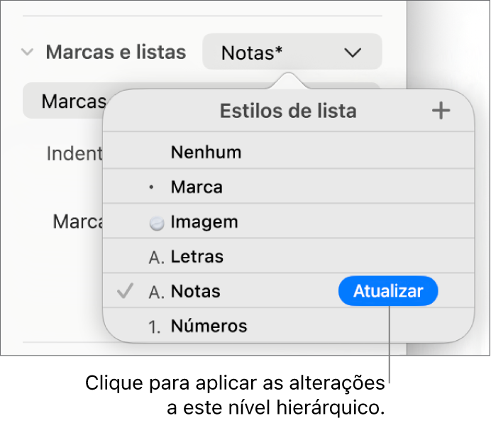 O menu pop-up “Estilos de lista” com um botão “Atualizar” junto ao nome do novo estilo.