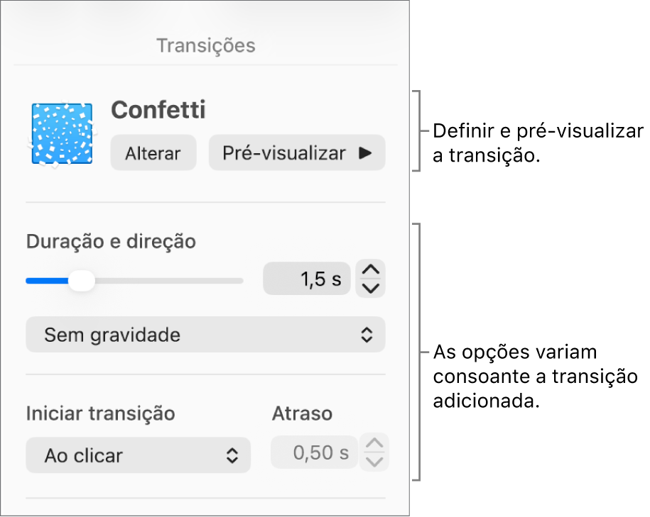Controlos de transição na secção “Transições” da barra lateral.