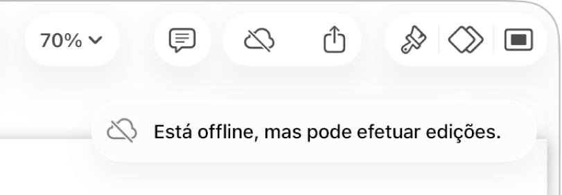 Os botões na parte superior do ecrã, com o botão “Colaboração” alterado para uma nuvem com uma linha diagonal por cima. Um aviso no ecrã indica que “Está offline, mas pode efetuar edições.”