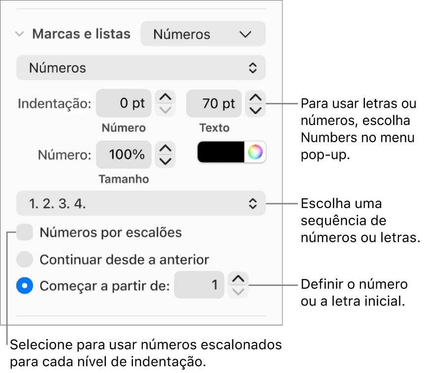 Controlos para alterar o estilo de número e o espaçamento de uma lista.