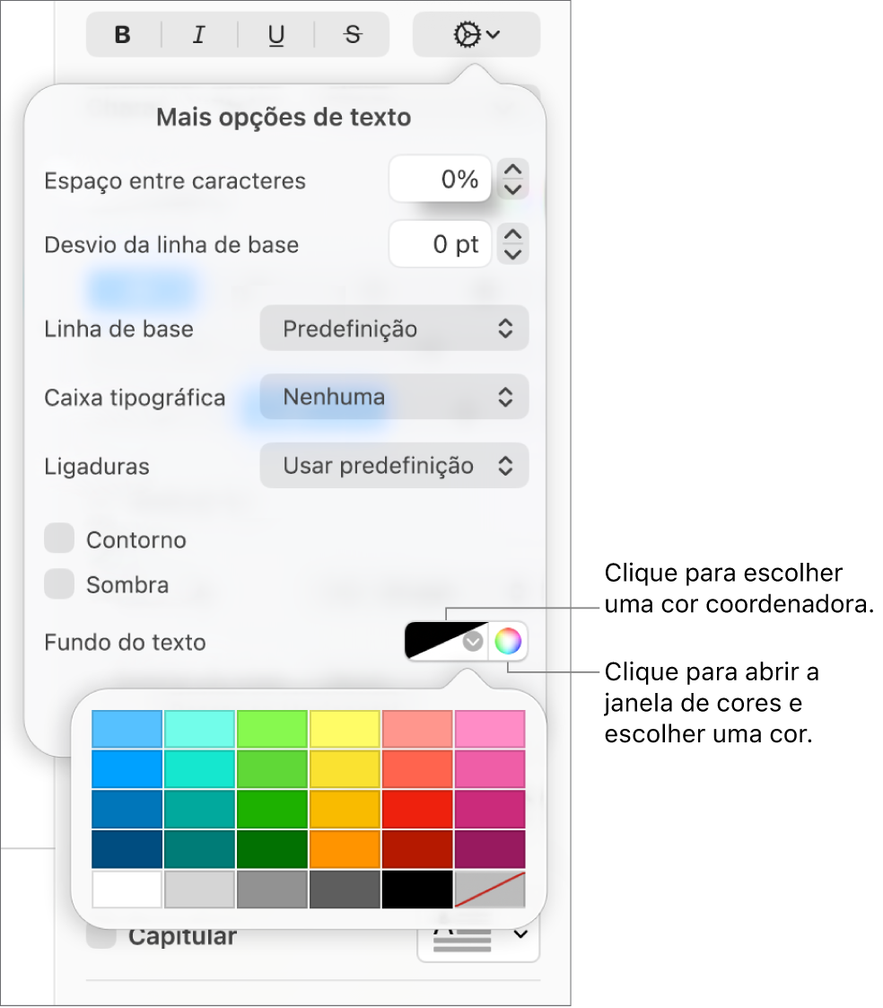 Controlos para escolher uma cor de fundo do texto.