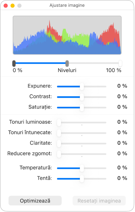 Fereastra Ajustare imagine cu glisoare pentru configurarea expunerii, contrastului, saturației, tonurilor luminoase și întunecate, clarității, reducerii zgomotului, temperaturii și nuanței.