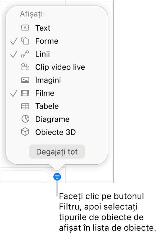 Meniul pop-up Filtrare deschis, cu o listă de tipuri de obiecte care pot fi incluse (text, forme, linii, imagini, filme, tabele și diagrame).