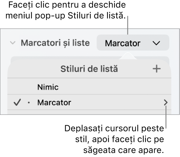 Meniul pop-up Stiluri de listă cu un stil selectat și o săgeată în extremitatea dreaptă.