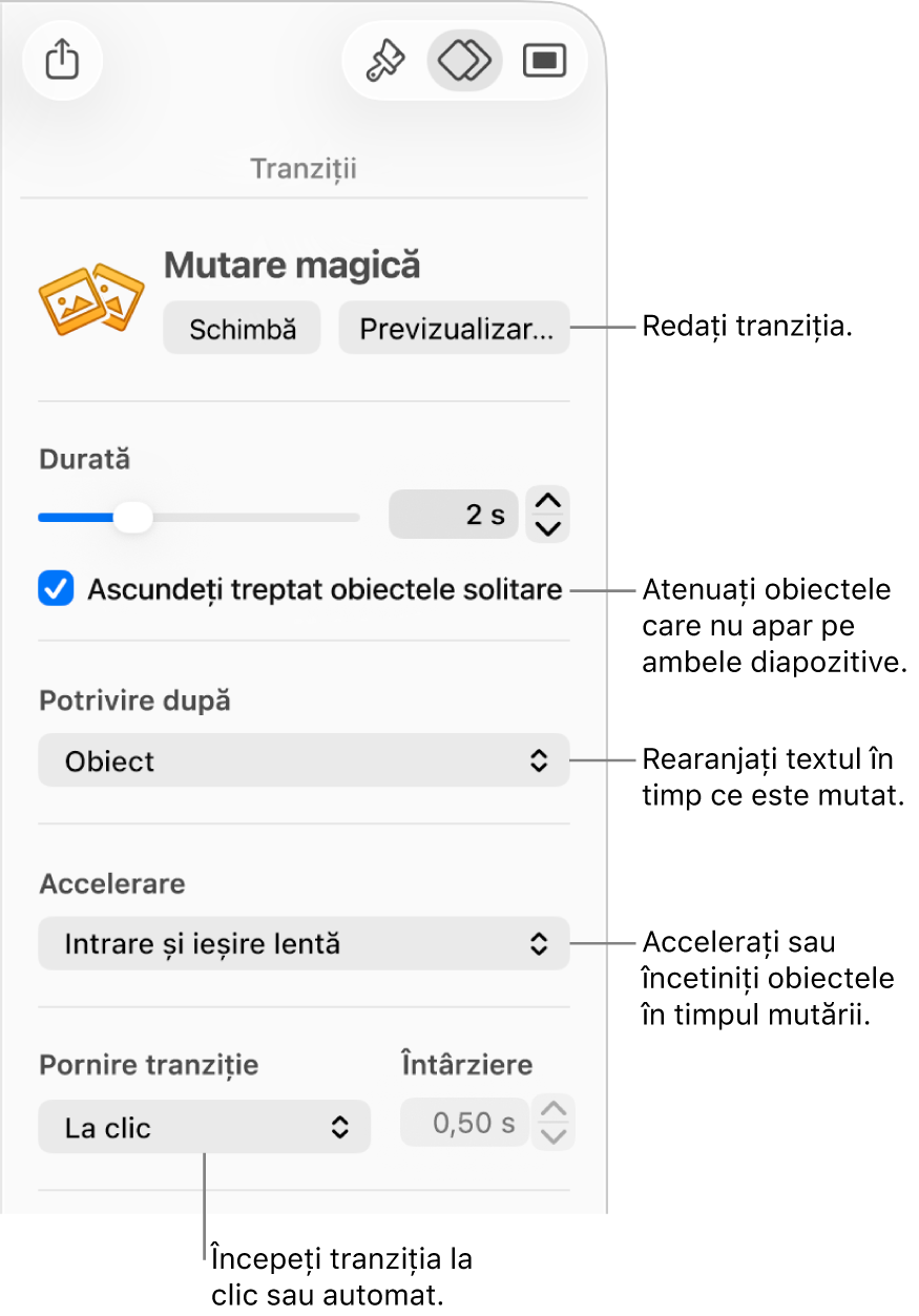 Comenzile de tranziție Mutare magică din secțiunea Tranziții a barei laterale Animează.