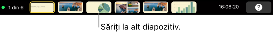 Bara Touch Bar din MacBook Pro având comenzi de prezentare pentru ieșirea din prezentare, pentru saltul la alte diapozitive și pentru comutarea afișajului prezentatorului.