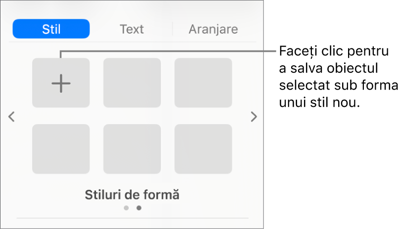 Fila Stil a barei laterale Format cu un stil de casetă de text, butonul Creează un stil la dreapta acesteia și patru substituenți de stil necompletați.