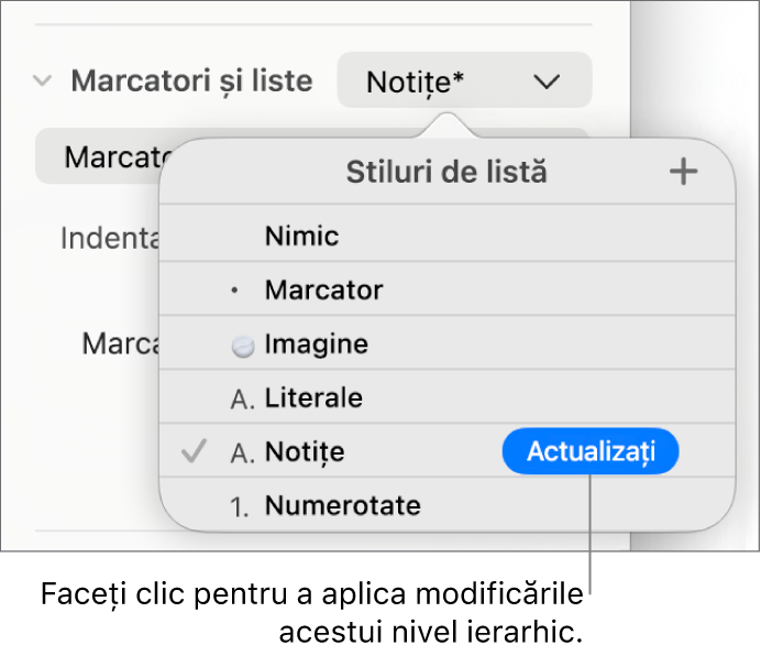 Meniul pop-up Stiluri de listă, cu un buton Actualizează lângă numele noului stil.