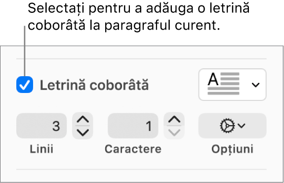 Caseta de validare Letrină coborâtă este selectată și un meniu pop-up apare în dreapta acesteia; comenzile pentru configurarea înălțimii liniei, a numărului de caractere și alte opțiuni apar sub aceasta.